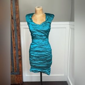 SOLD Nicole Miller Womens Aqua Blue Ruched V-neck Zip Back Sleeveless Dress